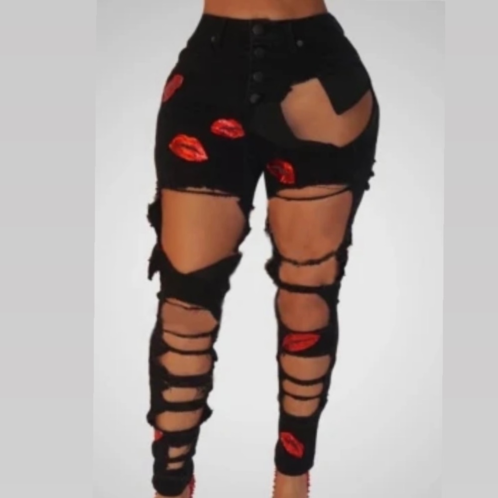 Black High waist jeans w/Sequins embellishments